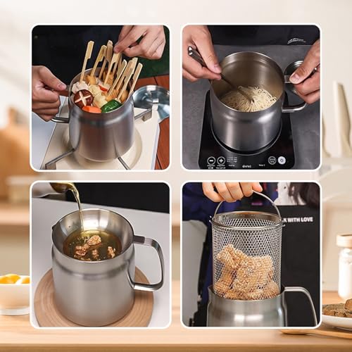 Image of GADO 50Oz 304 Stainless Steel Deep Fryer Pot With Basket & Strainer Heavy-Duty Multi-Purpose Pot For Frying,Bacon Grease Storage,Oil Filter,Kitchen To Camping, For 1-2 Person Meals (50Oz /1.5 Liter)