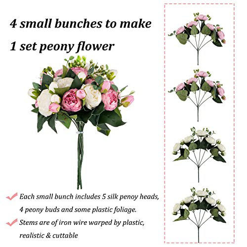 Blosmon Artificial Flowers Wedding Peony Bouquet 4 Pcs Silk Peonies Fake Flower For Table Centerpieces Decoration, Floral Bouquets Flower Balls Arrangement For Home Party Decor (Pink&White) #TOP3