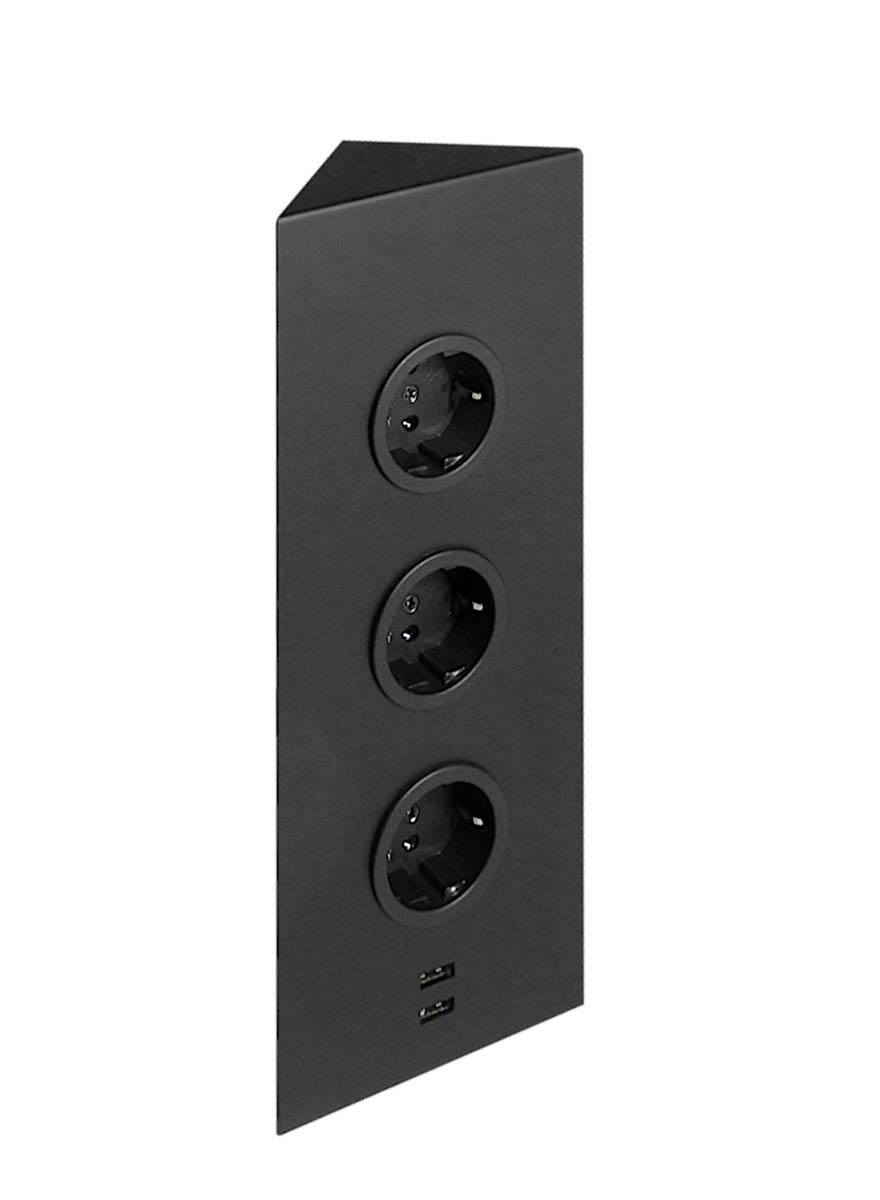 Eck-Energiebox 3-Fach in Schwarz matt mit USB A u. C Port für die Eckmontage/Ecksteckdosen/Steckdosenleiste