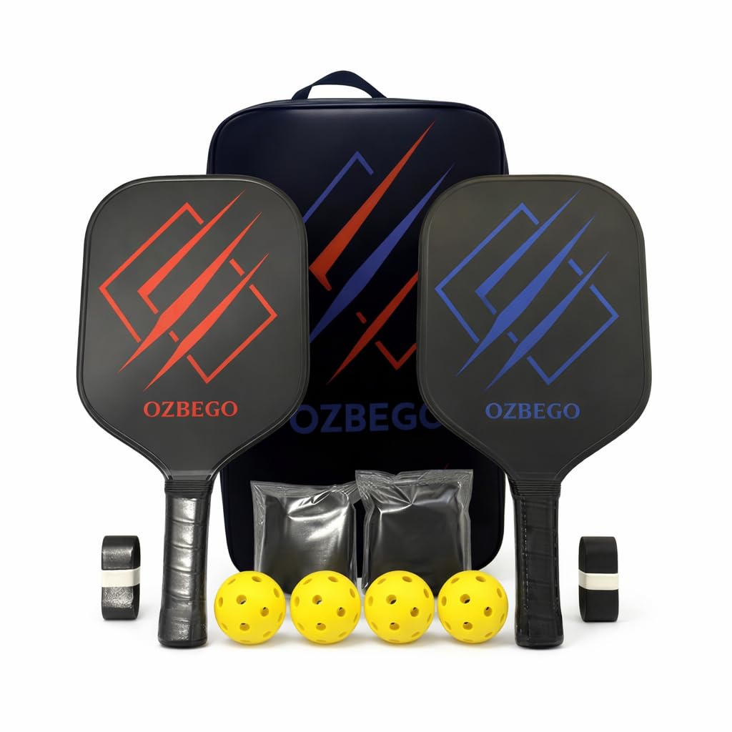 Pickleball Schläger Set 2er aus Carbon – inkl. 4 Bälle, Tasche & Overgrips – Leicht, rutschfest – Für Anfänger & Fortgeschrittene – OZBEGO