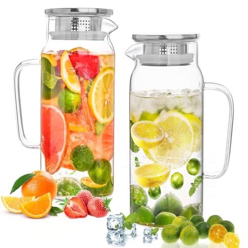 Set of 2 Glass Pitcher with Lid, 2 Quart (64 oz/1.9 Liter)