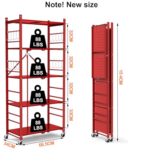 Image of Himix 5-Tier Foldable Storage Shelf 20 Hooks Wheels Garage Red No Assembly