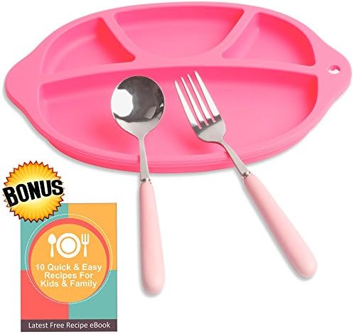 3-Piece Toddler Divided Plate Set - Includes Silicone Divider Plate, Kid's Spoon and Fork, FREE eRecipe - 100% Food Grade BPA Free, Unbreakable, Anti-Slip. Perfect Food Plate for Kids & Elderly (Pink)