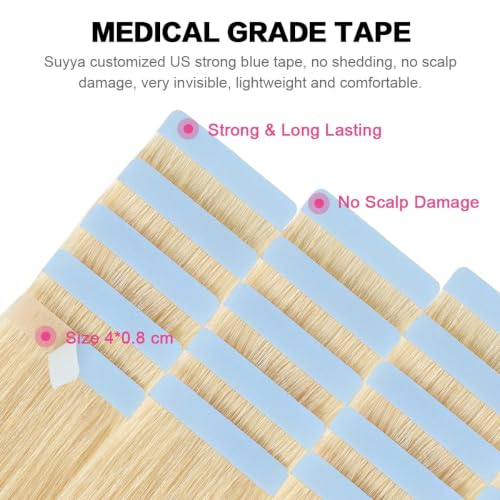 Image of SUYYA Tape In Hair Extensions Human Hair 16 Inch #613 Bleach Blonde
