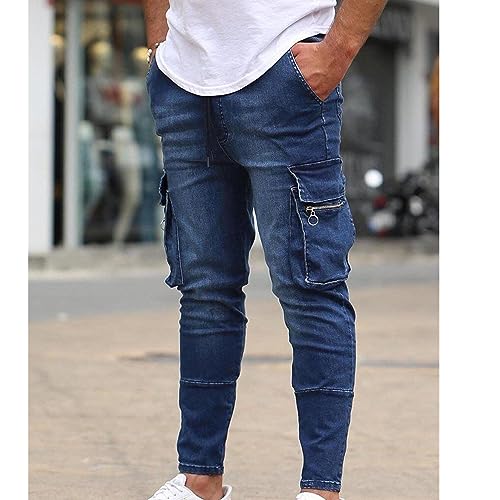 Mens Slim Fit Stretch Comfort Cargo Biker Jeans Moto Washed Distressed Straight Jeans Denim with Multi-Pockets3