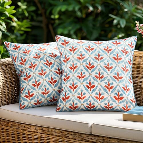 Image of MIULEE Pack of 2 Decorative Outdoor Waterproof Throw Pillow Covers Flower Print Chic Boho Accent Pillow Covers for Square Garden Patio Cushion 20x20 Inch, Blue-Rust