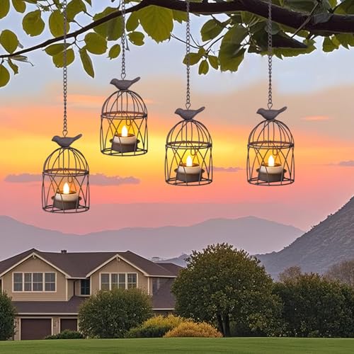 Solar Lanterns Outdoor Waterproof, Rust Iron Cage Candle Holder with Flickering Solar Powered Tea Lights, Hanging Solar Lights for Outside Tree Backyard Patio Garden Fence Decoration-4Pack
