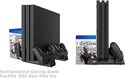 Suporte vertical PtevSoh para console PS4 / PS4 Slim / PS4 Pro, cooler PS4 com ventilador duplo, suporte para 10 jogos, estação de carregamento com indicadores para Playstation 4 DualShock