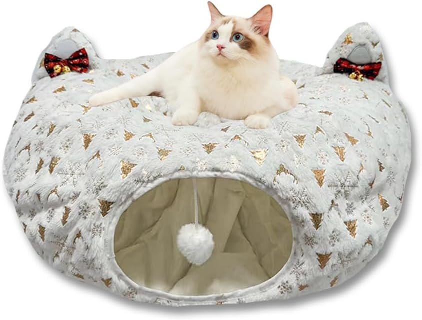 Comfort White Cat Donut Tunnel for Christmas Tree - Holiday Themed Tube - Ultra-Soft Plush Velvet Cute Tree Tunnel Skirt With Ball Toy - Non-Slip Bottom Pillow