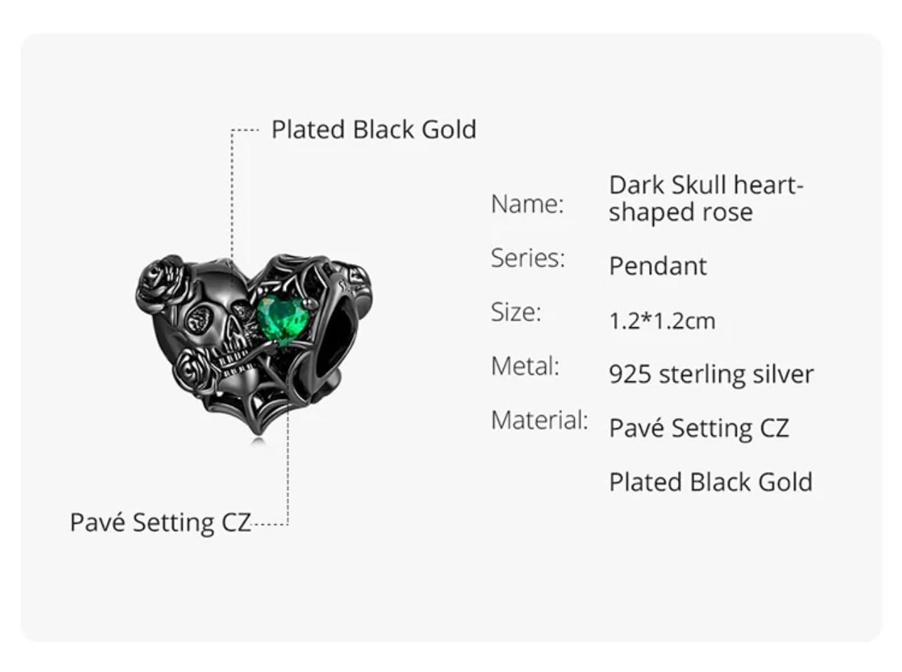 FLXHHX Abalorio de Calavera y Rosa en Forma de corazón Negro, Flor de Halloween, Plata de Ley 925 auténtica, Compatible con Pulsera