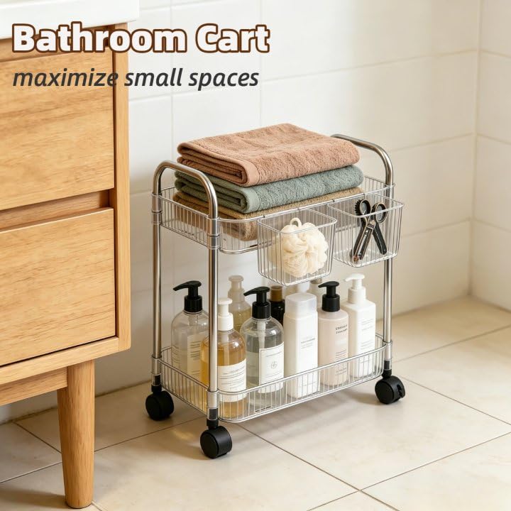 Image of 2 Tier Utility Rolling Cart with Wheels Sofa Side Table Small Under Desk Storage Organizer, Clear Acrylic Plastic Mobile Trolley Organization Storage Cart for Kitchen Pantry Bathroom Vanity