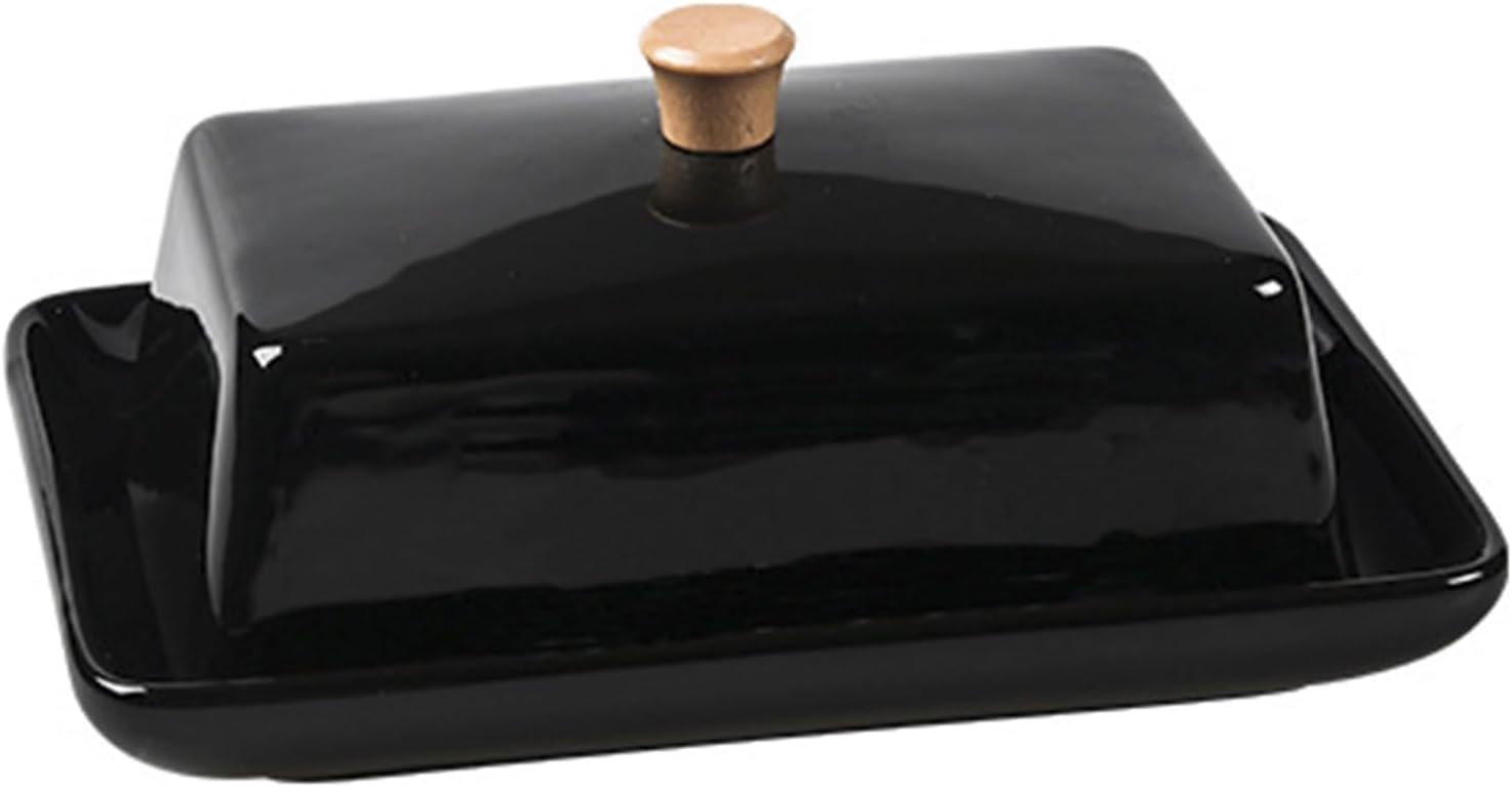 Butter Dish Ceramic Butter Dish with Lid Cream Cheese Container Storage Keeper for Kitchen Countertop, Home Decorative(Black,Large)