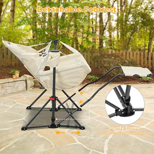 Ainfox Hammock Camping Chair with Footrest, Foldable Portable Rocking Chairs for Adults Outside Swinging Camp with Cup Holder Pillow for Outdoor Patio Poolside (Beige)