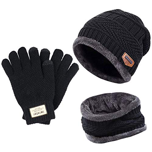 Fostoy Men's Winter Hat, Winter Knit Warm Beanie Hat, Soft Comfortable Hat Scarf Set for Men and Women with Fleece Lining (Black)