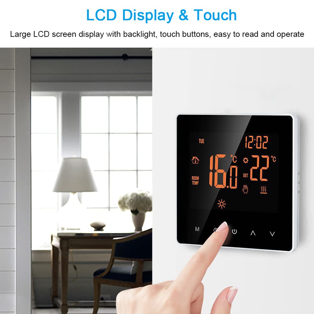 Matybobe Termostato digitale 16 A, regolatore di temperatura digitale, display LCD, touch screen, settimana, programmabile, termostato per Home School Arancione, Termostato per Riscaldamento