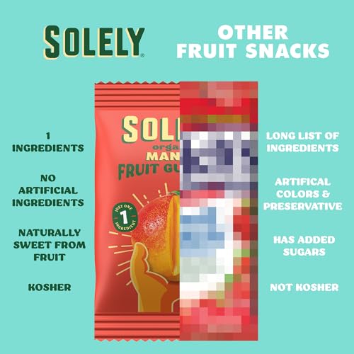 SOLELY - Organic Mango Whole Fruit Gummies (Pack of 4 Boxes, 5 Individual Bags per Box) - Real Fresh Fruit - Healthy Snacks for Adults & Kids - Non GMO, Vegan Snacks, Shelf Stable - 20 Bags (3.5 oz)