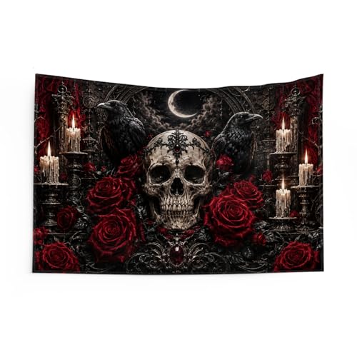 Gothic Skull Raven Rose Tapestry