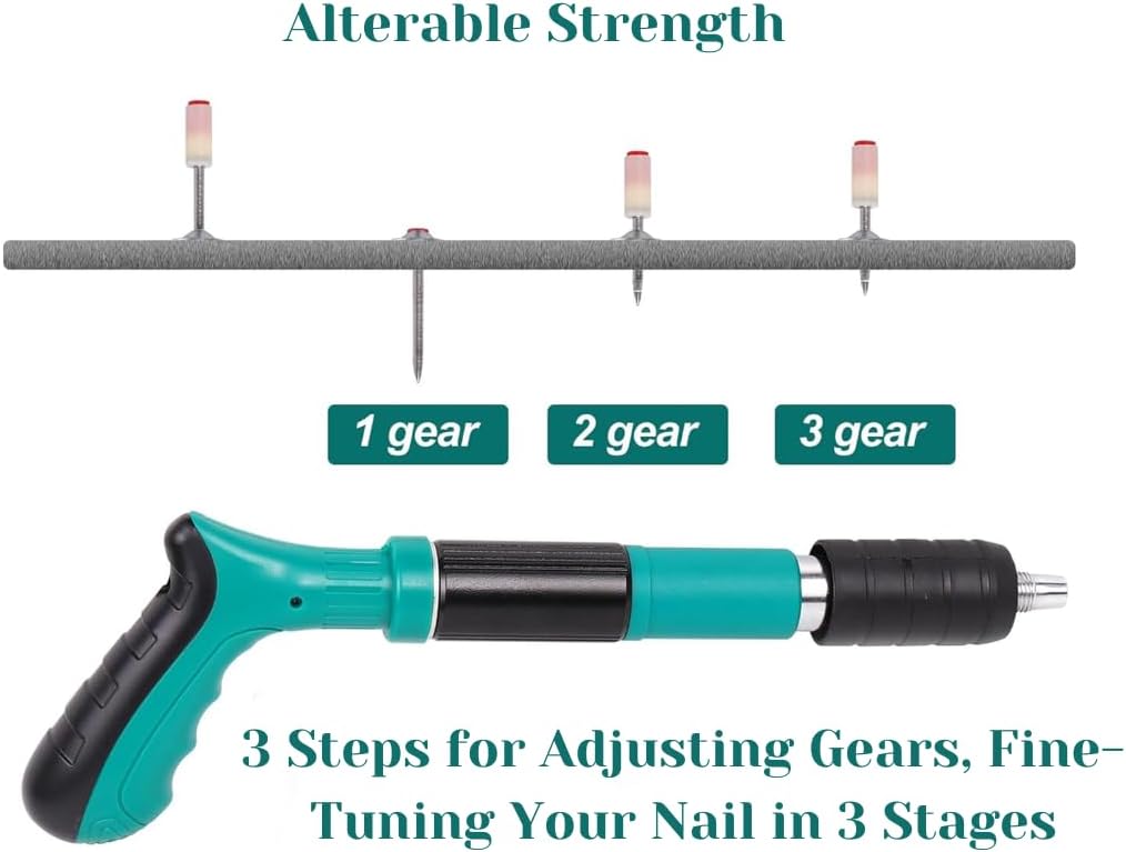 Concrete Nail Gun 3 Adjustable Power gears For Precision And Control. For Ceiling, Wire Hiding, and Fixture Installations. Complete with 100 Round Nails, it's Your Go-To Fastening Solution."", RSC2Z