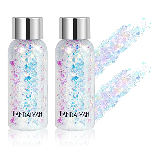 Kimieye Mermaid Sequins Body Glitter Gel Set Of 2 Bottle, Long Lasting Holographic Glitter Liquid Body Makeup For Women, Waterproof Face Glitter Gel Total 9 Colors Available (#9 White - (2 Bottle)) #TOP26