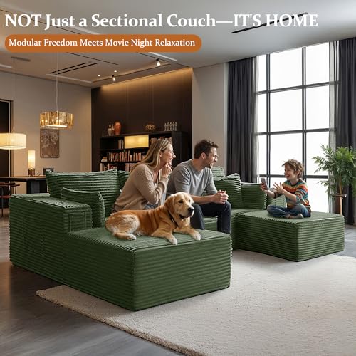 Image of Oversized 108 inch Cloud Sectional Couch, Comfort U Shaped Boneless Couch for Living Room, Extra Deep Seats No Assembly, Modular Sofa, Corduroy (Olive Green, 2 Seater+Left Facing Chaise+Ottoman)