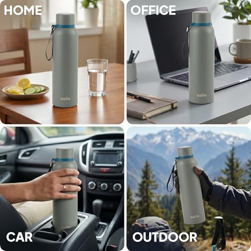 Image of CELLO Duro Kent Gen-X Stainless Steel Flask 720 ml Fosil Grey | Wide Mouth with Carrying Loop, Leak Proof Double Wall Vacuum Insulated Hot and Cold Flask Water Bottle for Office Gym Biking & Travel