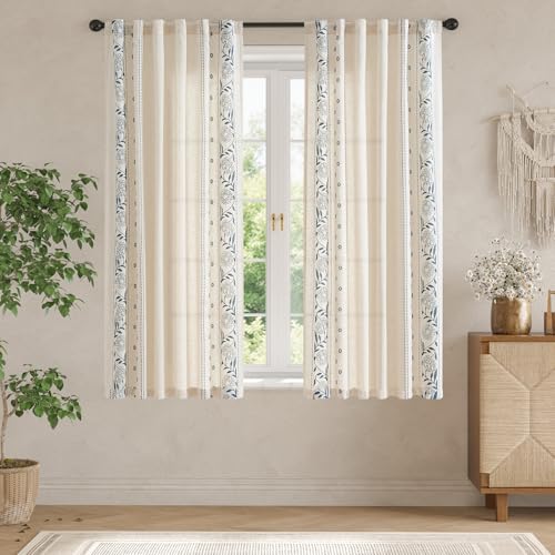 Image of jinchan Blue Floral Linen Curtains for Living Room 72 inch Back Tab 2 Panels
