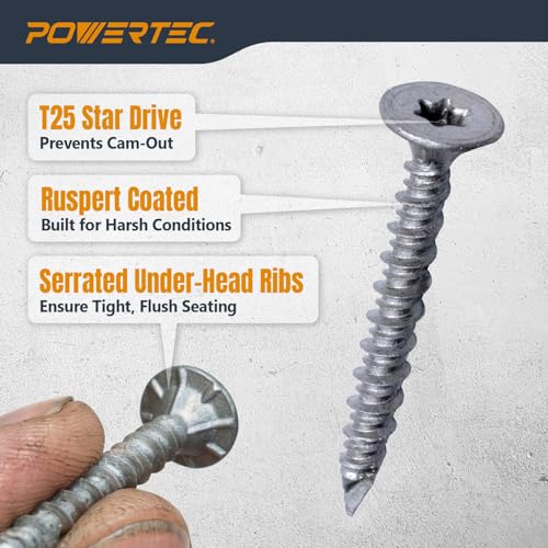 Image of POWERTEC Cement Screws #8 x 1-5 /8″, Ruspert Coated Concrete Screws with T25 Torx Star Drive Bit - High-Low Thread Masonry Screws for Cement Board, Concrete & Brick, 150-Pack (72318)