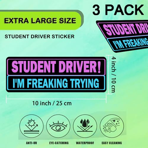 Image of 3 Pack Student Driver Magnet for Car, Magnetic Student Driver Sign for Vehicle, Reflective Warning Bumper Sticker Magnet Sign for New Driver, 10 inch x 4 inch (Black-PinkBlue)