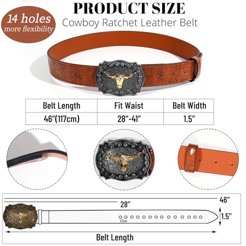 2Pcs Western Cowboy Belts for Women,Vintage Waist Strap belt Buckle Bull Deco Western Belt Fit 28"-41"3