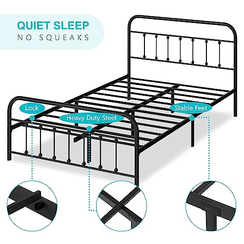 Walsunny Classic Metal Platform Bed Frame Mattress Foundation with Victorian Style Iron-Art Headboard/Footboard, Under Bed Storage, No Box Spring Needed, Queen Size