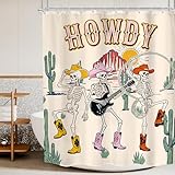 Mitpok Duschvorhang mit Western-Cowboy-Schädel-Motiv, lustig, Halloween, Skelett, Retro, Howdy Wilder Westen, Wüste, Gothic, Gitarre, rustikal, Bergkaktus, cool, 152 x 183 cm, Polyester, 12 Haken
