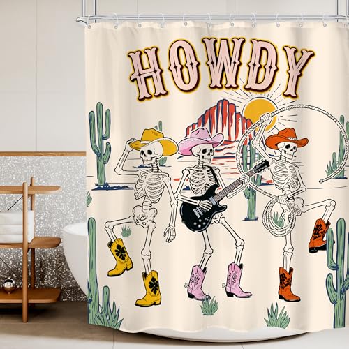 Mitpok Duschvorhang mit Western-Cowboy-Schädel-Motiv, lustig, Halloween, Skelett, Retro, Howdy Wilder Westen, Wüste, Gothic, Gitarre, rustikal, Bergkaktus, cool, 152 x 183 cm, Polyester, 12 Haken