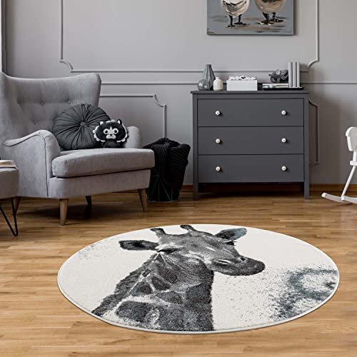 carpet city Teppich Kinderzimmer Creme, Grau - Kinderteppich Tier-Muster Giraffe- 120 cm Rund - Kinderzimmerteppiche Jungen und Mädchen - Kurzflorteppich Modern Wohnzimmer Jugendzimmer