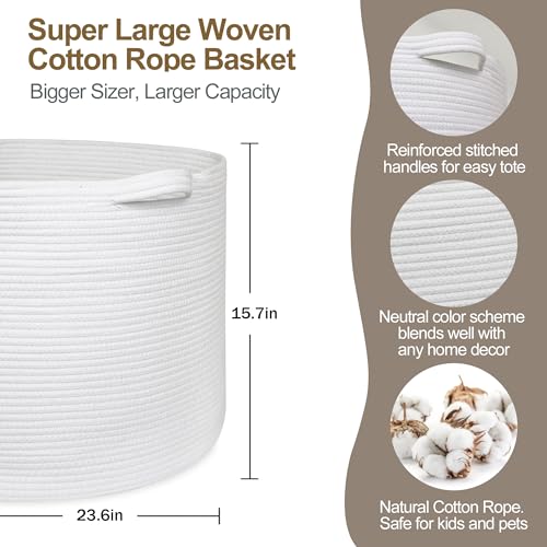 Image of MEGASKET 115L White Cotton Rope Storage Basket, 23.6 inchx15.7 inch Extra Large Blanket Storage Living Room, XXXL Soft Toy Bin for Organizing, Woven Baby Laundry Basket with Handle, Wicker Hamper Nursery