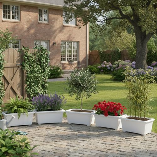 Image of Go Hooked Rectangular Plastic Pots for Plants, Jupiter Flower Pots for Home, Window Display, Garden (Set of 5, White) (35 x 18.5 x 15 cm)