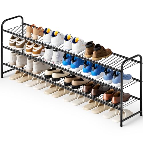 KEETDY 3-Tier Long Shoe Rack for Closet Metal Shoe Organizer for Entryway, Wide Stackable Shoe Storage Shelf with Sturdy Wire Grid for Closet Floor, Bedroom, Black