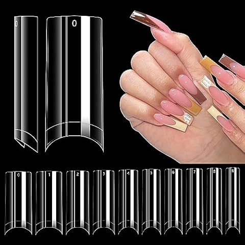 LIONVISON 500PCS No C Curve Nail Tips, Long Square Nail Tips 10 Sizes Half Cover Artificial Nails Straight Square French Clear Fake Nail Tips for Acrylic Nails Professional for Nail Art Salon Cover