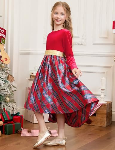 Girls Christmas Dress Velvet Long Sleeve Holiday Dress Winter Party Classic Plaid Midi Princess Dress2