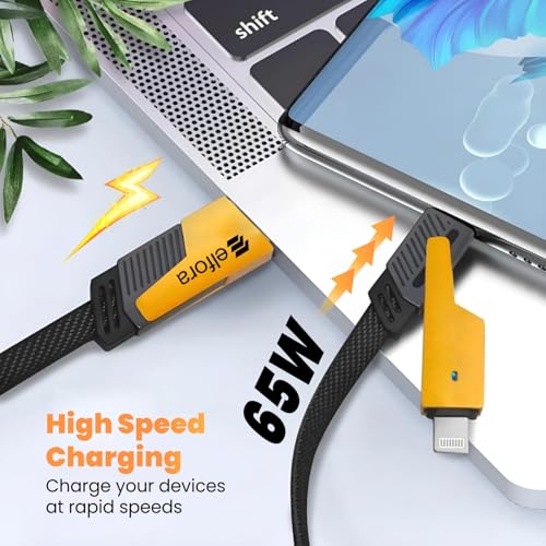 Image of Elfora 4 in 1 Braided Fast Charging Cable 65W | Quad 1.5m Rugged Design Multiport | Type C to USB A | Compatible for iPhones, iPads, Tablets, MacBooks and Android Devices -Black