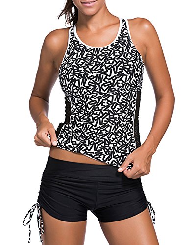 Yonique Women Racerback Mesh Tankini Swimsuit with Shorts Strappy 2 Piece Bathing Suit Athletic Print Top Black S Yonique Women Racerback Mesh Tankini Swimsuit with Shorts Strappy 2 Piece Bathing Suit Athletic Print Top Black S