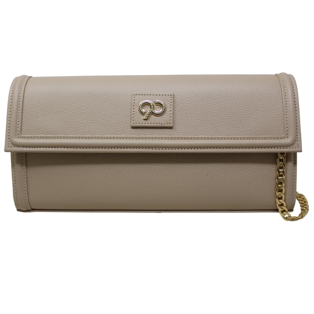 Beige Kaya Clutch Bag for Women in Premium Genuine Leather | Elegant Evening Bag with Gold Chain Strap | Handcrafted by Dharavi Market
