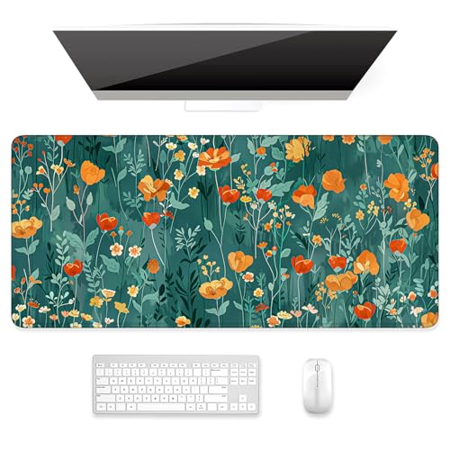 Image of Auhoahsil Desk Mat, Ultra Large Mouse Pad, XXL Gaming Mousepad, Pretty Desk Pad, Big Extended Full Size Desktop Desk Matt for Keyboard, Laptop & Computer, 35.5 x 15.7 in, Green Flowers