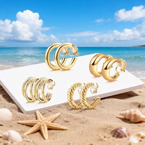 4 pares aretes clip on oro, ligeros para mujer miniatura 4