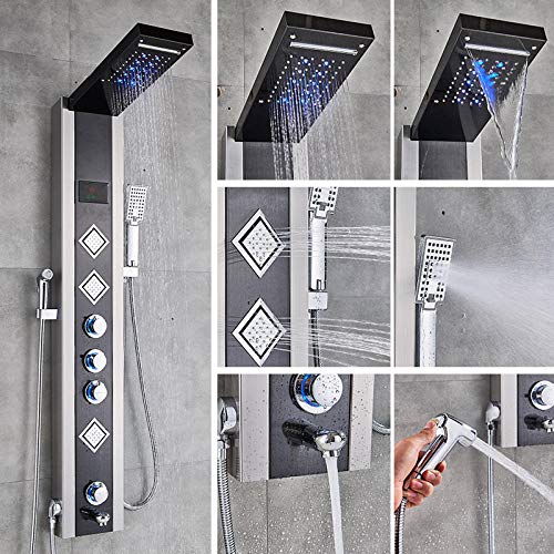 CAFIEDR Blue Black Hydroelectricity Shower Panel Shower Column LED Rain Waterfall LCD Digital Display Bidet Spray Massage Bath Shower-Black