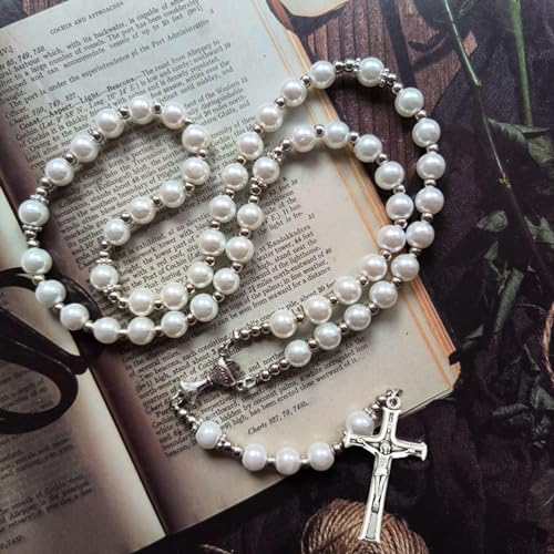 Hpbaggy Kommunion Rosenkranz Halskette Perlen Mit Samt Geschenkbeutel Katholisch Rosenkranz Kette Jesus Kreuz Gebetskette Christlich Rosary Chain Geschenke Für Frauen und Männer Mädchen Jungen