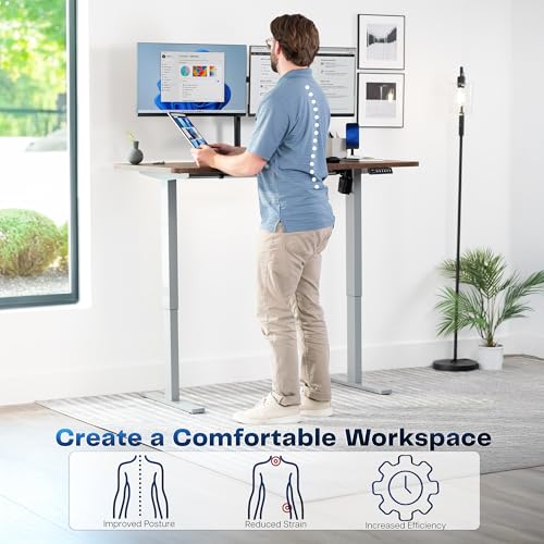 Image of VIVO Rustic Vintage Brown 55 x 28 in Standing Desk, DESK-KIT-1G55N | Electric, Holds 220 lbs, Sit Stand, Height Adjustable, Solid One-Piece Table Top, Memory Presets, 1B Series, Gray Frame