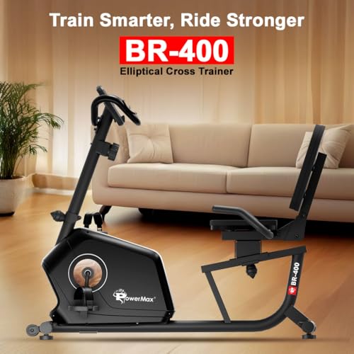 Image of PowerMax Fitness BR-400 Recumbent Exercise Bike for Home | 120kg Max User gym cycle, 6KG Flywheel, 8-Level Magnetic Resistance | Adjustable Seat, LCD Display, Mobile Holder | Quiet Belt Drive Cardio