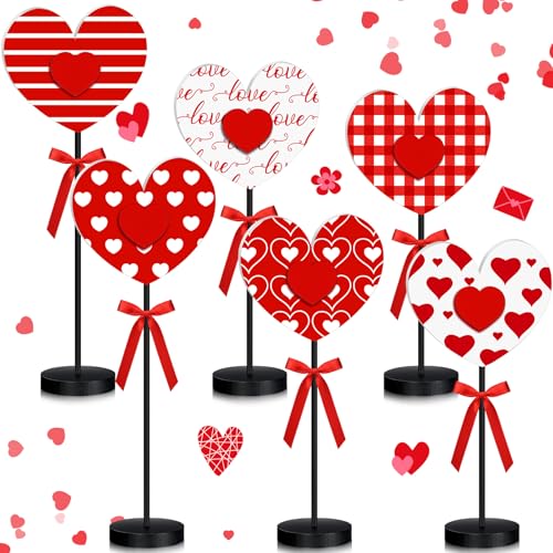 Image of Briwooody 6 Pcs Valentine's Day Decorations Heart Wooden Table Sign Set Red Love Table Centerpiece Valentines Tabletop Decor Tall Standing Farmhouse Wood Block for Wedding Party Home Decorations