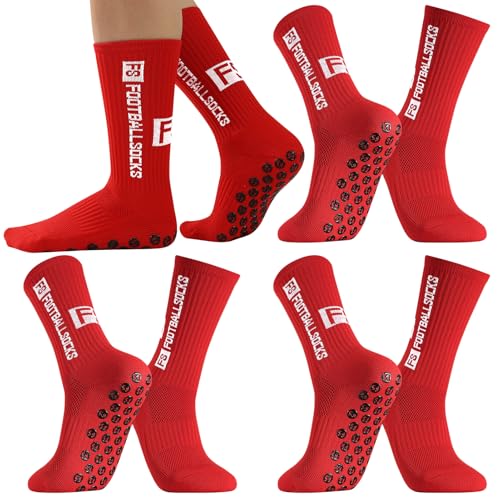 FANTESI 3 Paare Fußballsocken für Herren Damen, Sportsocken Fußball Anti Rutsch Grip Fußball Socken 39-46 Rutschfeste Sportsocken für Fussball Basketball Laufen, Rot