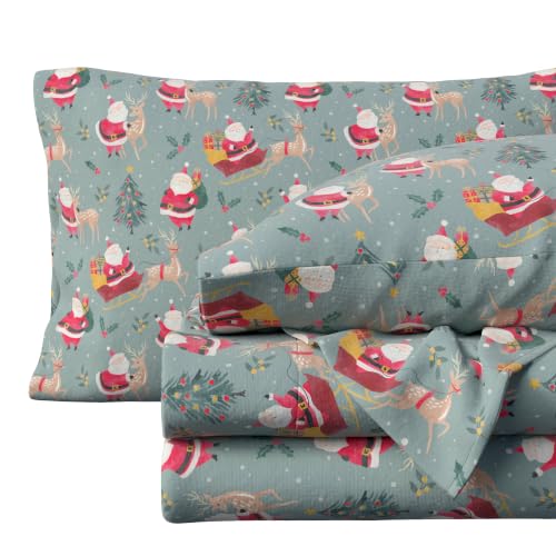 Great Bay Home Christmas Flannel Sheet Set Full Size - 100% Turkish Cotton, Double-Brushed, Winter Bed Sheets - Ultra-Soft, Cozy, 4-Piece Holiday Bedding Set (Santa & Reindeer)